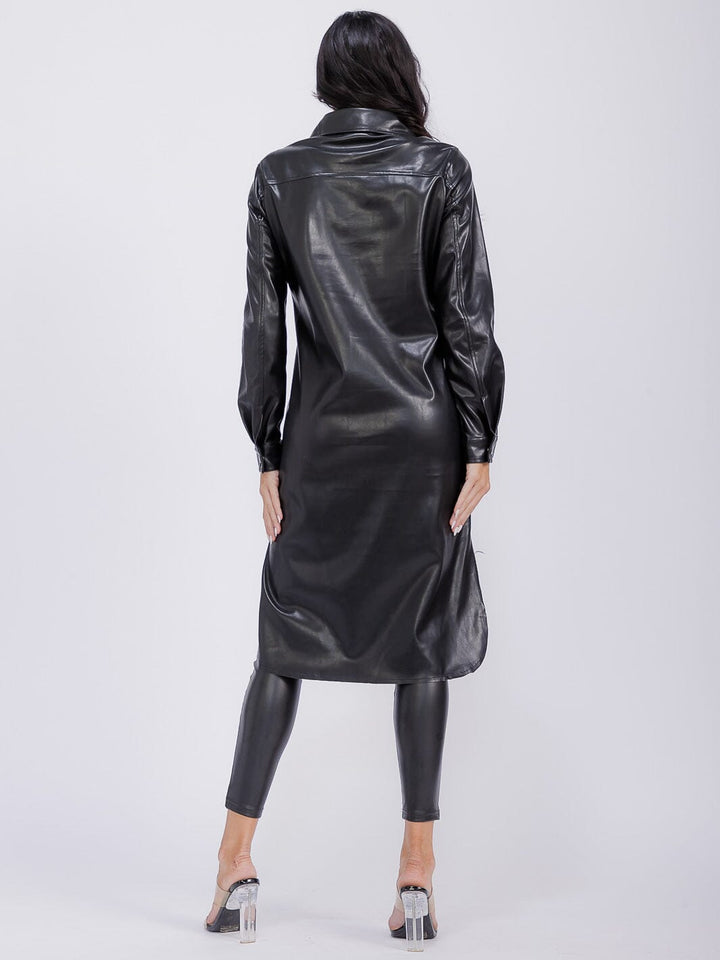 WOMEN'S LONG SLEEVE BUTTON CLOSURE FRONT POCKETS PU PLEATHER COAT