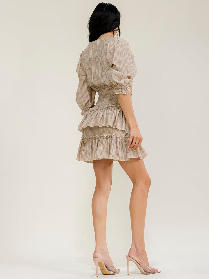 JUST ME WOMEN'S 3/4 SLEEVES CUT OUT SMOCK PLAID MINI DRESS