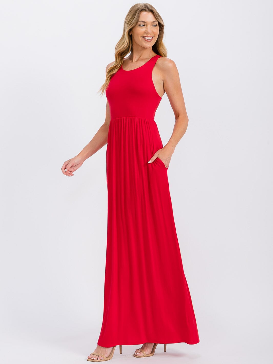 WOMEN'S SLEEVELESS ELASTIC WAIST FRONT POCKETS MAXI DRESS