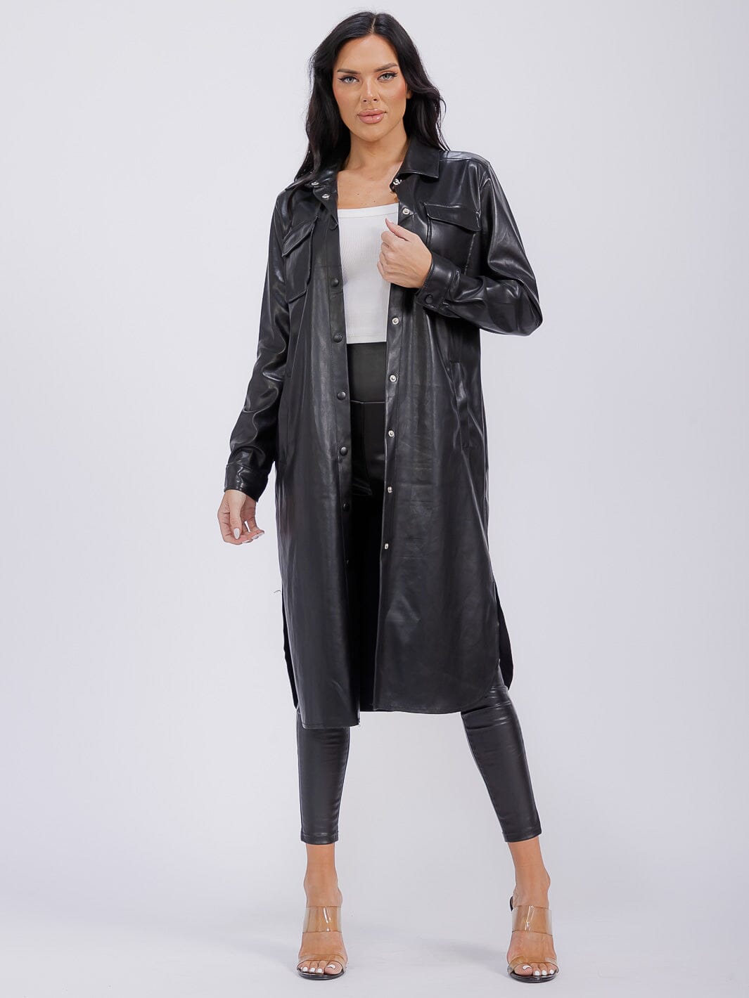 WOMEN'S LONG SLEEVE BUTTON CLOSURE FRONT POCKETS PU PLEATHER COAT