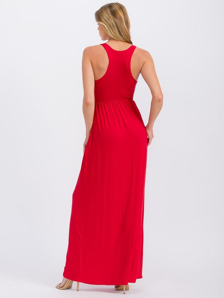 WOMEN'S SLEEVELESS ELASTIC WAIST FRONT POCKETS MAXI DRESS