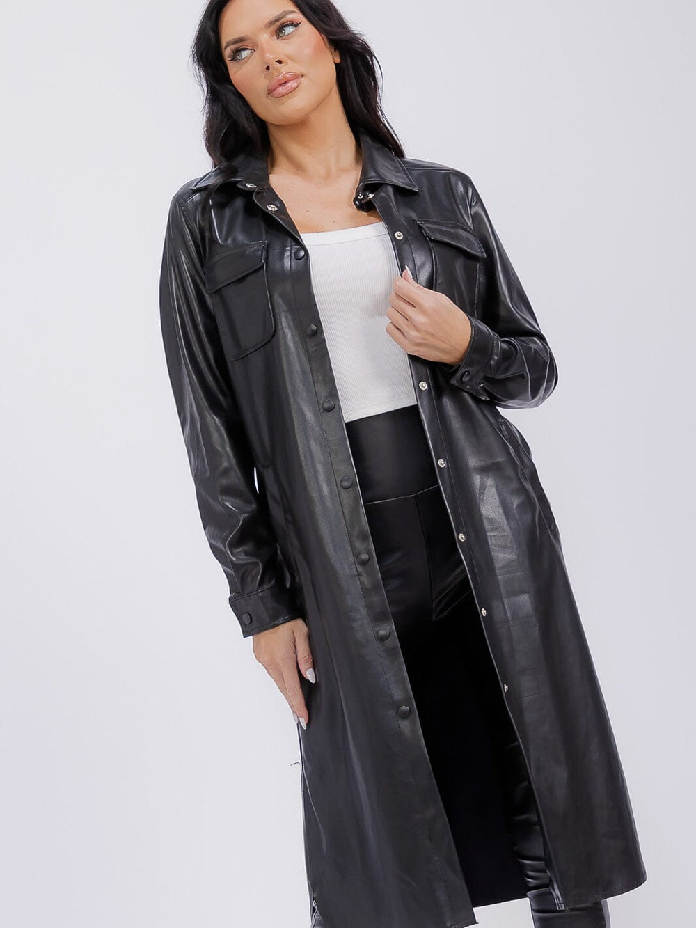 WOMEN'S LONG SLEEVE BUTTON CLOSURE FRONT POCKETS PU PLEATHER COAT
