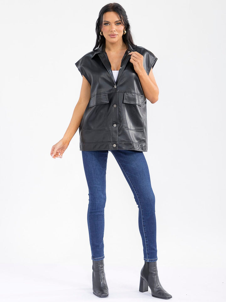 WOMEN'S SLEEVELESS BUTTON CLOSURE FRONT POCKETS PU PLEATHER VEST