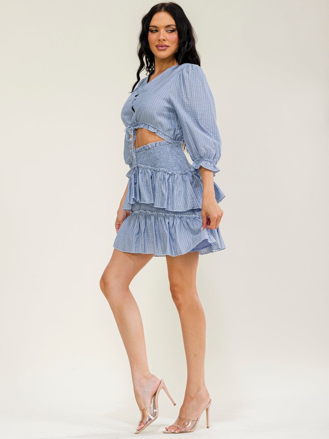 JUST ME WOMEN'S 3/4 SLEEVES CUT OUT SMOCK PLAID MINI DRESS
