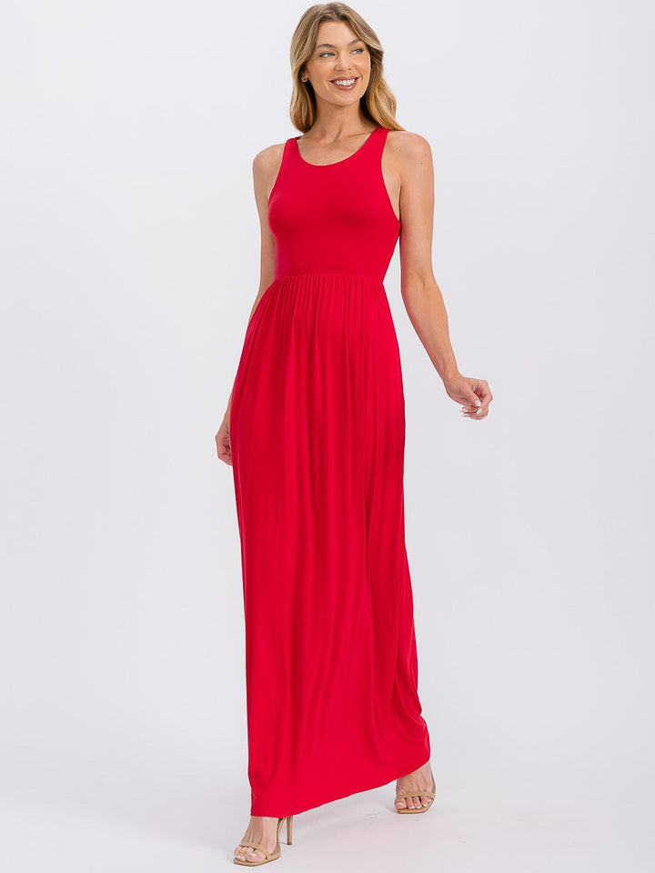 WOMEN'S SLEEVELESS ELASTIC WAIST FRONT POCKETS MAXI DRESS