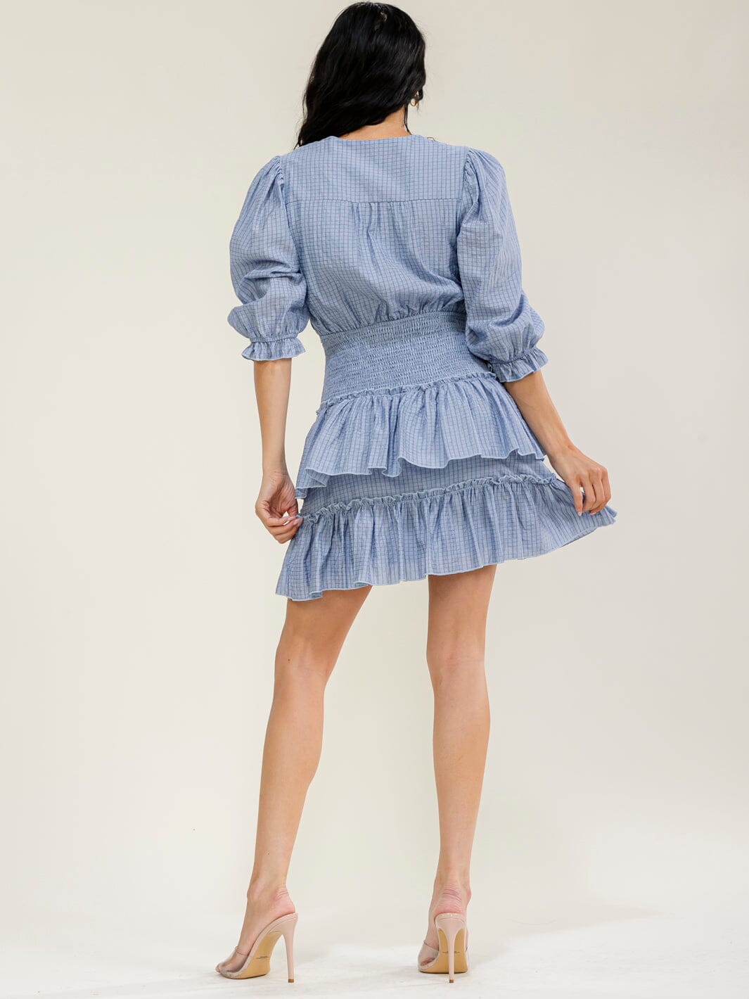 JUST ME WOMEN'S 3/4 SLEEVES CUT OUT SMOCK PLAID MINI DRESS