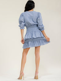 JUST ME WOMEN'S 3/4 SLEEVES CUT OUT SMOCK PLAID MINI DRESS