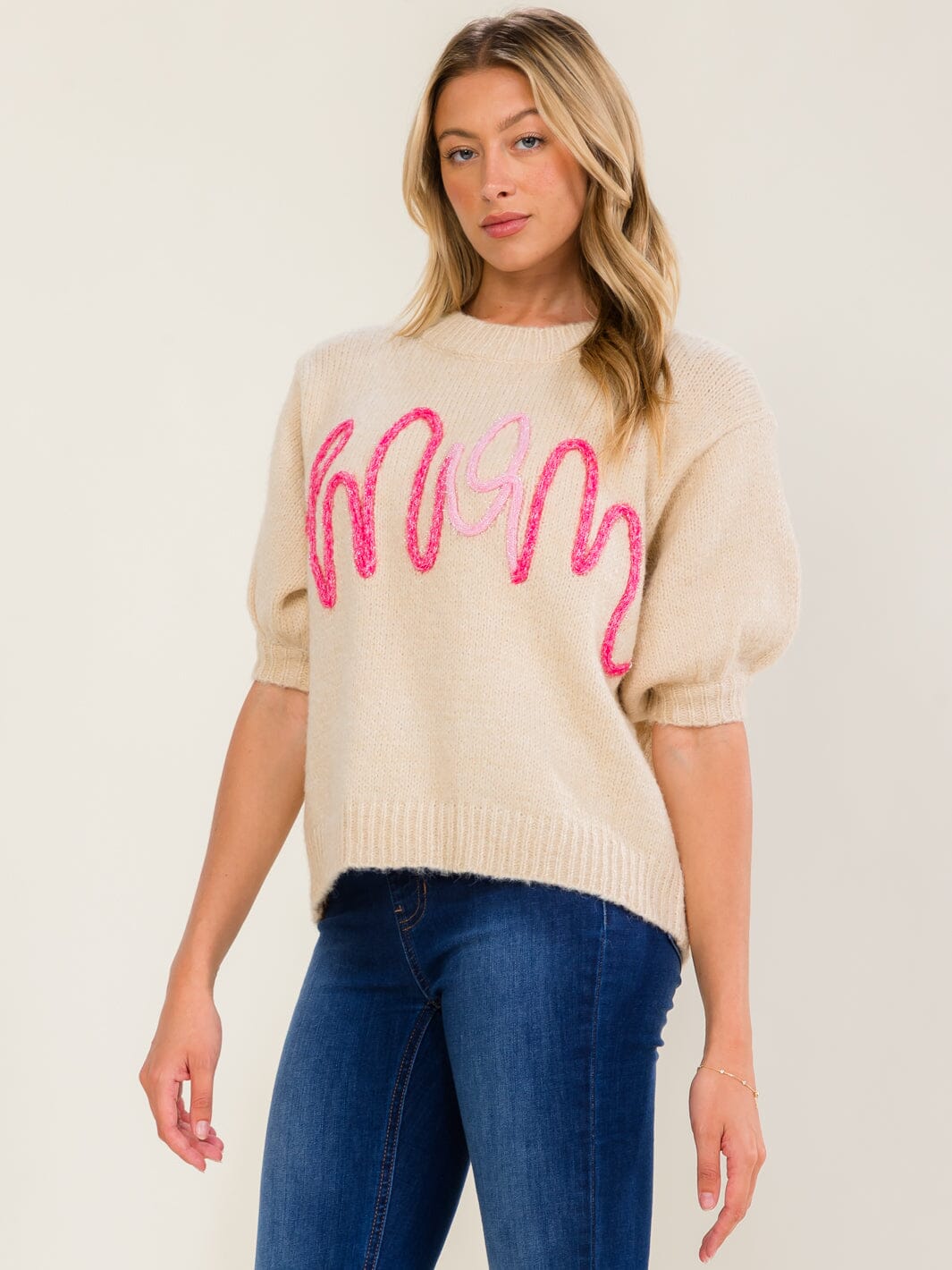 WOMEN'S SHORT SLEEVE MOM SWEATER TOP