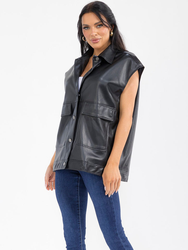 WOMEN'S SLEEVELESS BUTTON CLOSURE FRONT POCKETS PU PLEATHER VEST
