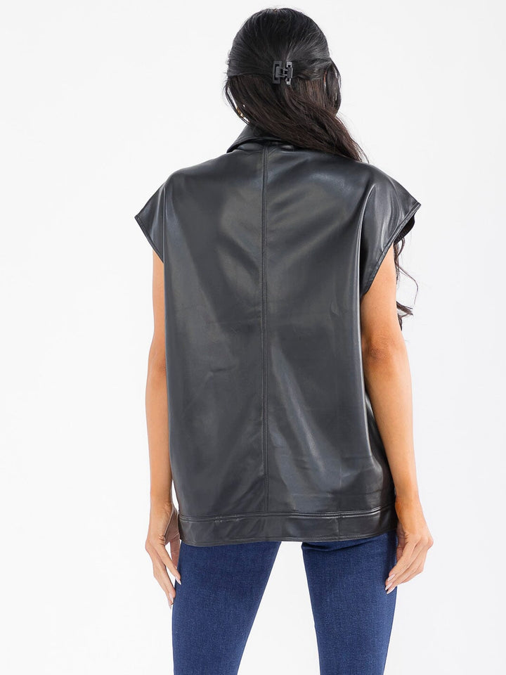 WOMEN'S SLEEVELESS BUTTON CLOSURE FRONT POCKETS PU PLEATHER VEST