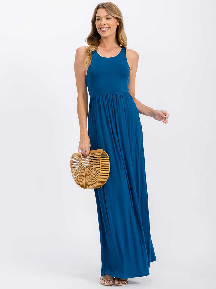 WOMEN'S SLEEVELESS ELASTIC WAIST FRONT POCKETS MAXI DRESS