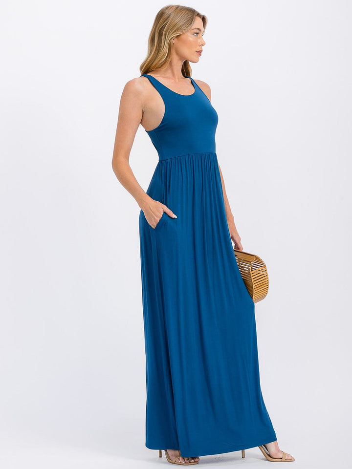 WOMEN'S SLEEVELESS ELASTIC WAIST FRONT POCKETS MAXI DRESS