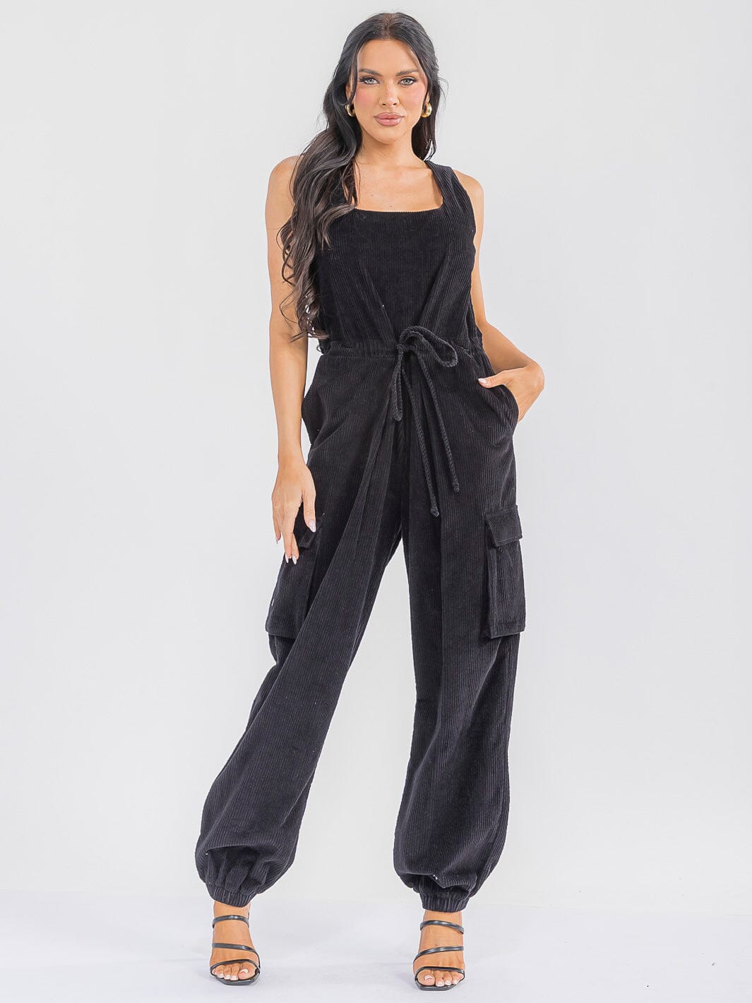 WOMEN'S SLEEVELESS ADJUSTABLE WAIST CARGO POCKETS JOGGER CORDUROY JUMPSUIT