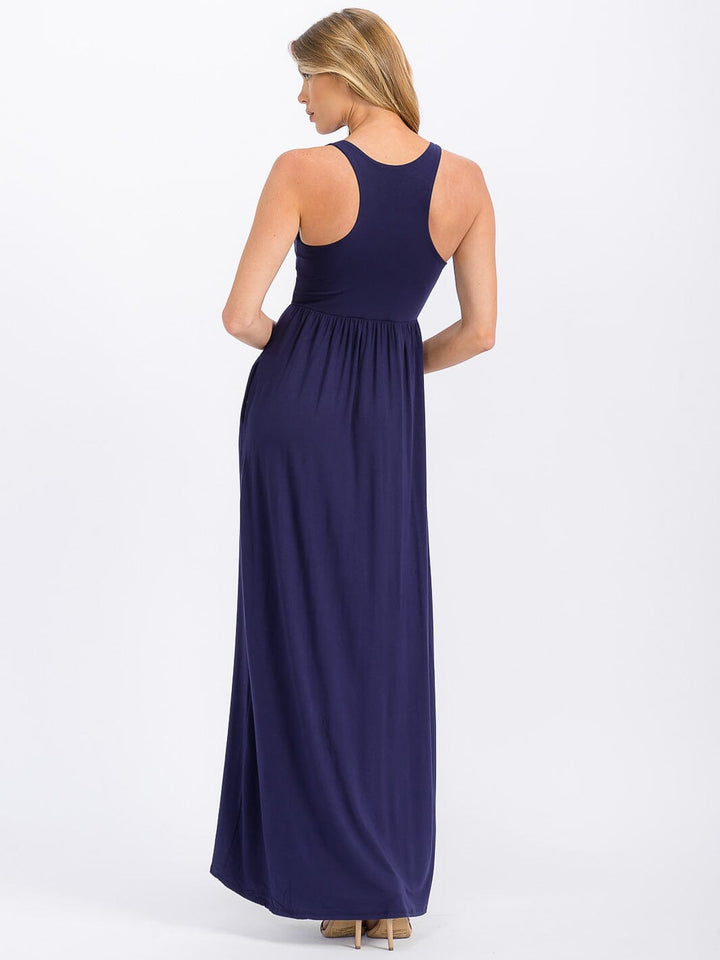 WOMEN'S SLEEVELESS ELASTIC WAIST FRONT POCKETS MAXI DRESS