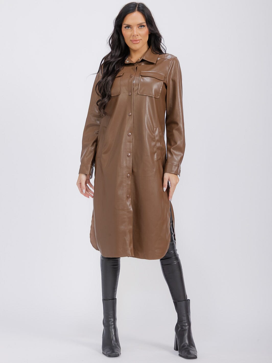 WOMEN'S LONG SLEEVE BUTTON CLOSURE FRONT POCKETS PU PLEATHER COAT