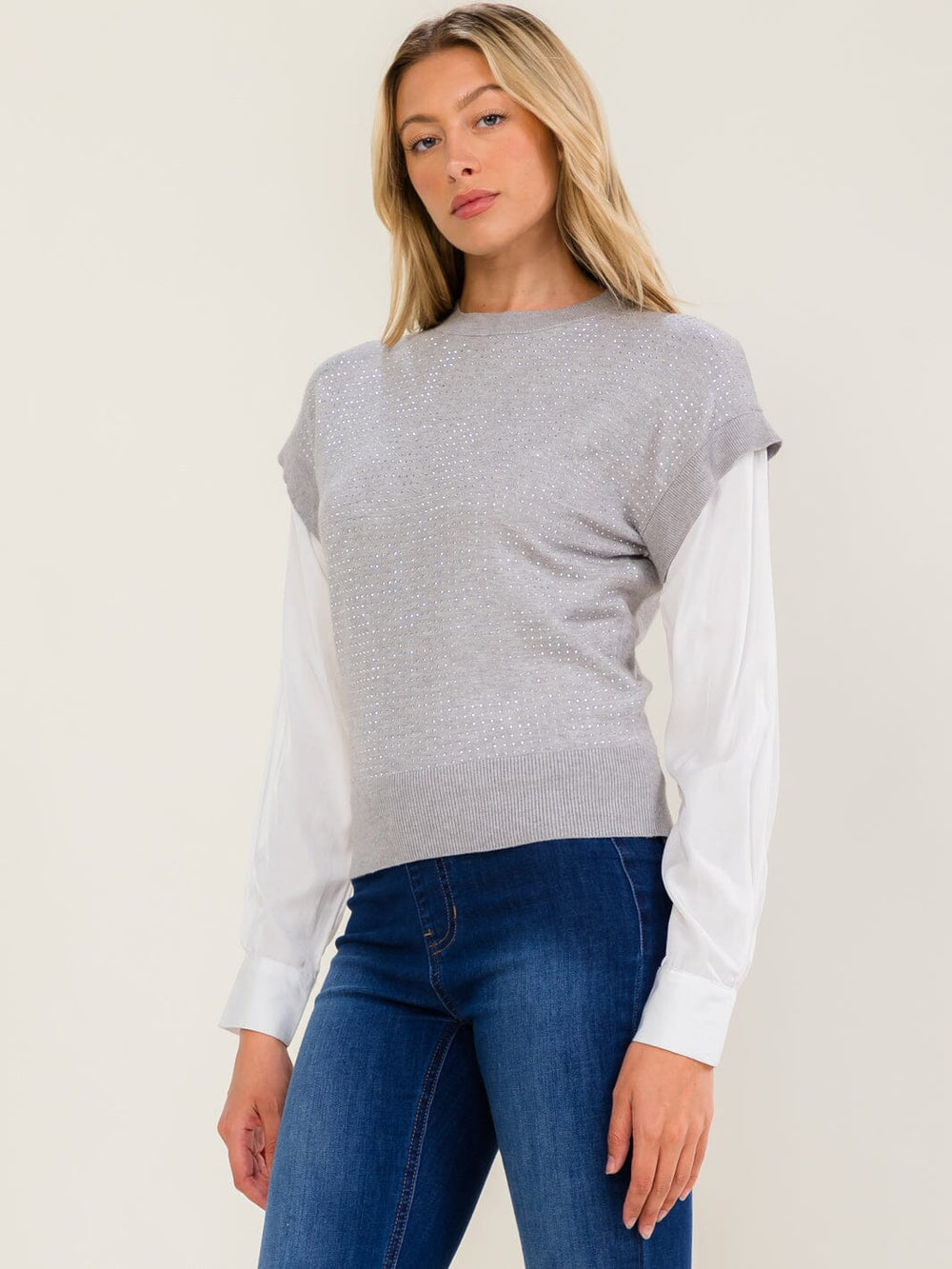 WOMEN'S LONG SLEEVE RHINESTONES PULLOVER SWEATER