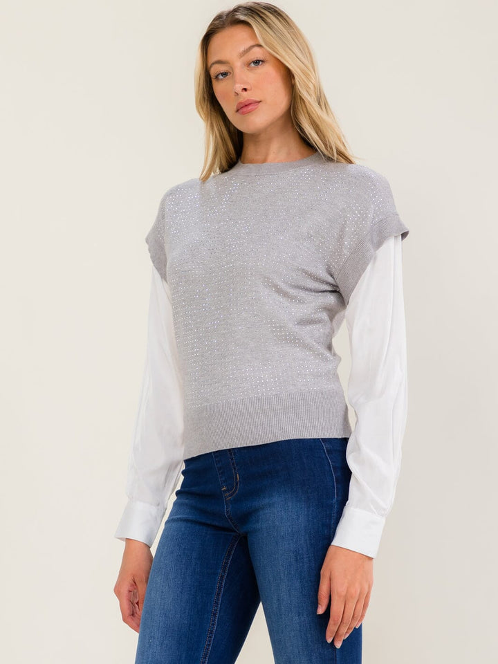 WOMEN'S LONG SLEEVE RHINESTONES PULLOVER SWEATER