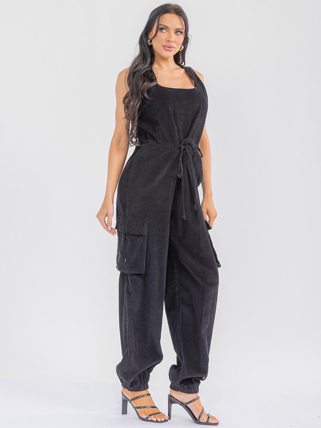 WOMEN'S SLEEVELESS ADJUSTABLE WAIST CARGO POCKETS JOGGER CORDUROY JUMPSUIT