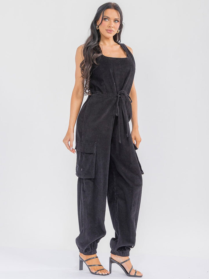 WOMEN'S SLEEVELESS ADJUSTABLE WAIST CARGO POCKETS JOGGER CORDUROY JUMPSUIT