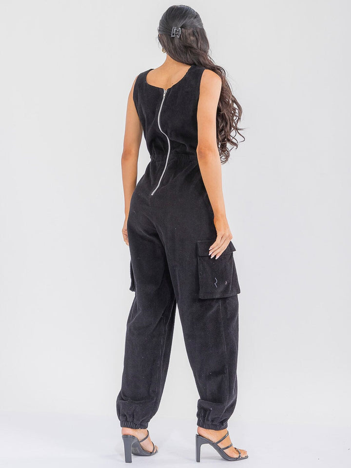 WOMEN'S SLEEVELESS ADJUSTABLE WAIST CARGO POCKETS JOGGER CORDUROY JUMPSUIT