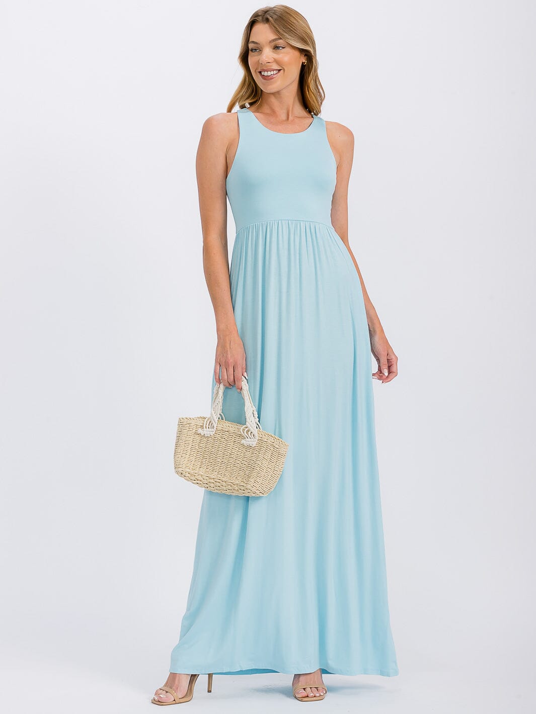 WOMEN'S SLEEVELESS ELASTIC WAIST FRONT POCKETS MAXI DRESS