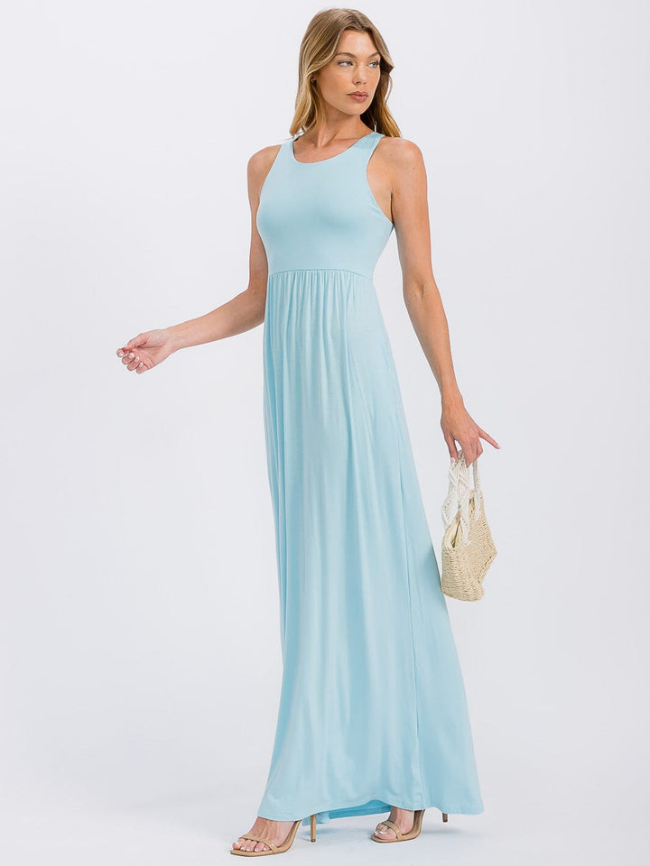 WOMEN'S SLEEVELESS ELASTIC WAIST FRONT POCKETS MAXI DRESS