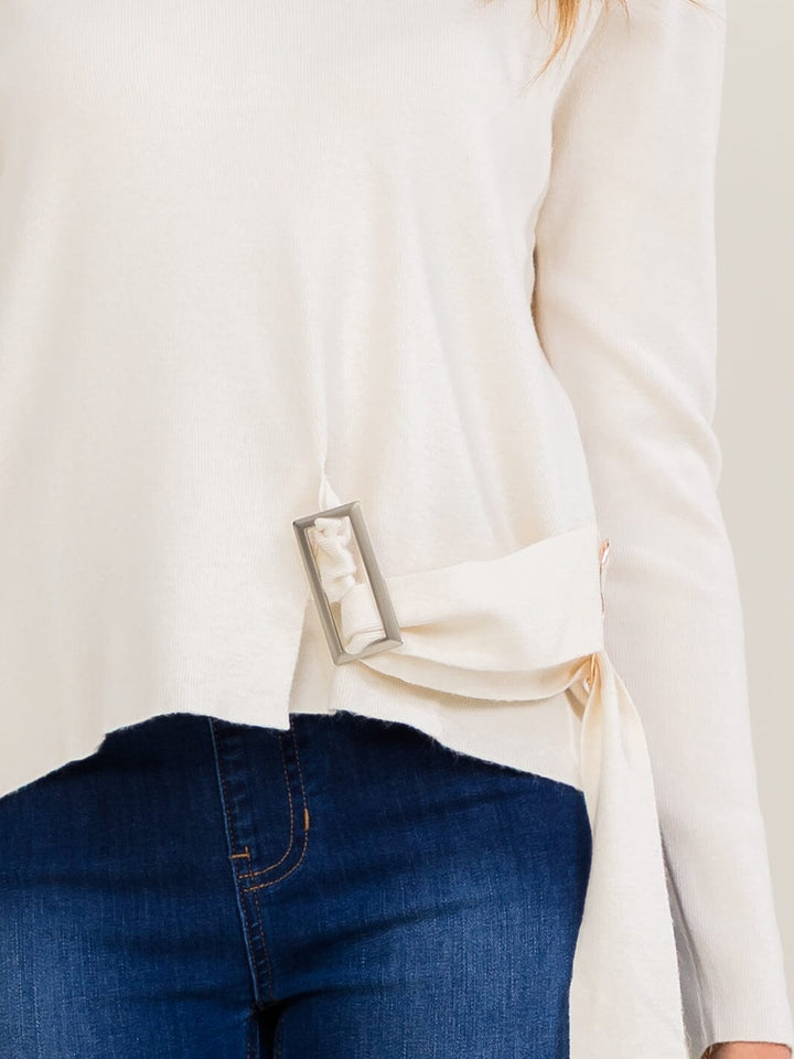WOMEN'S LONG SLEEVE BUTTON FRONT BELT BLOUSE