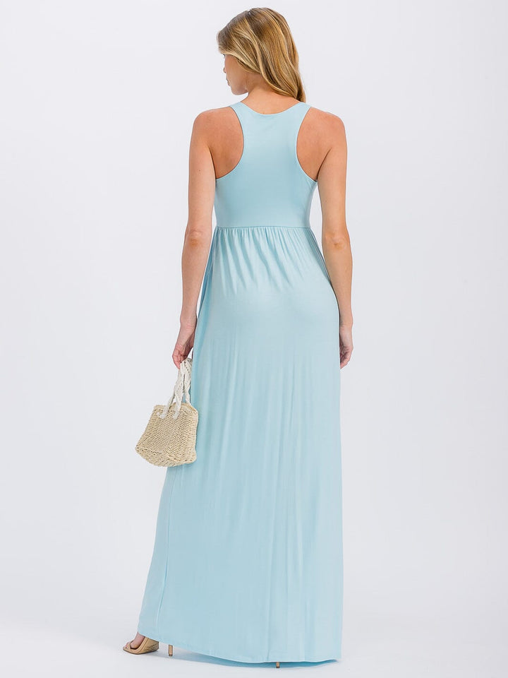 WOMEN'S SLEEVELESS ELASTIC WAIST FRONT POCKETS MAXI DRESS