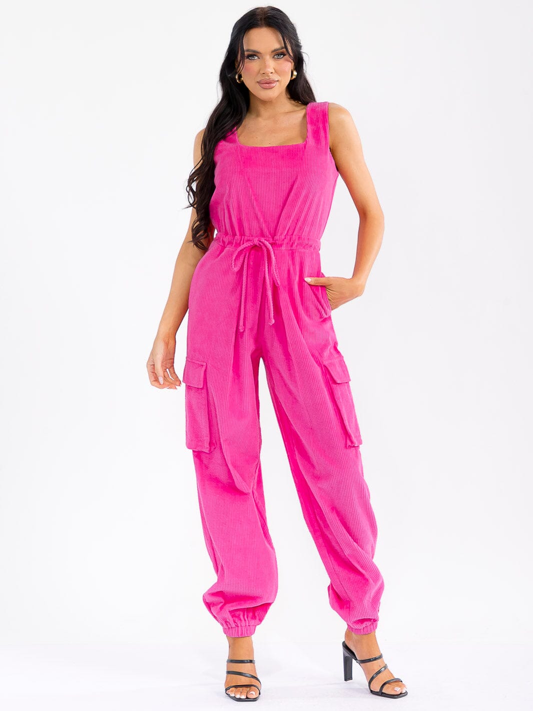 WOMEN'S SLEEVELESS ADJUSTABLE WAIST CARGO POCKETS JOGGER CORDUROY JUMPSUIT