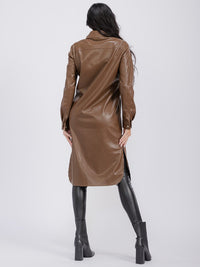 WOMEN'S LONG SLEEVE BUTTON CLOSURE FRONT POCKETS PU PLEATHER COAT