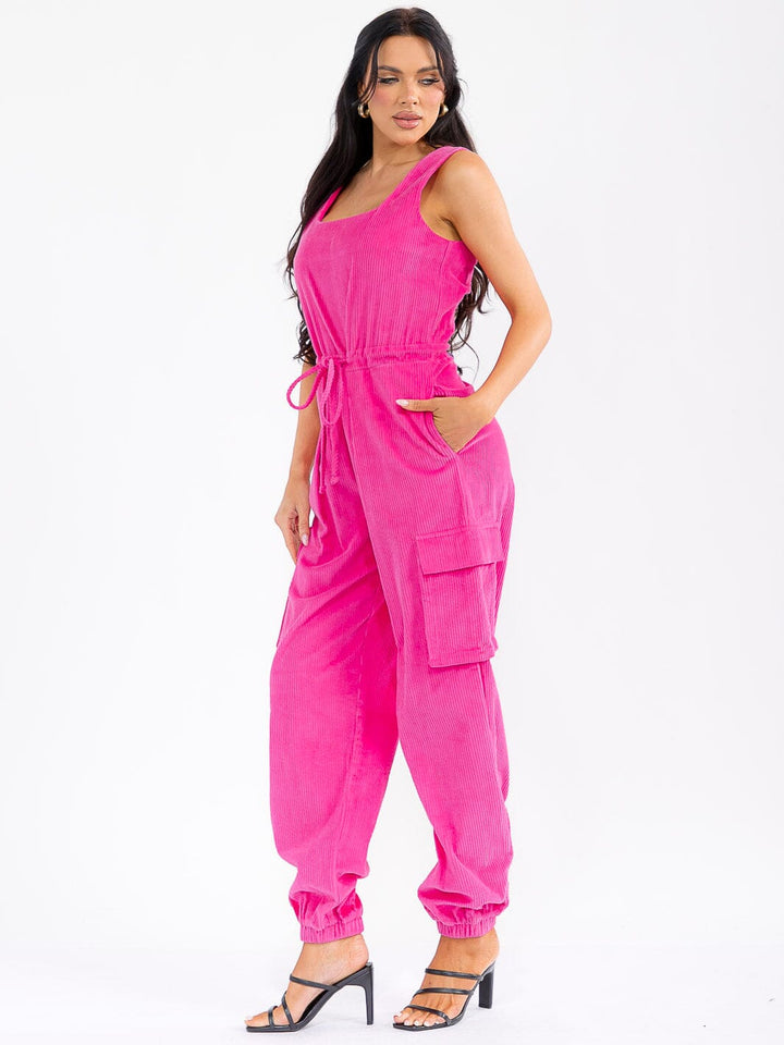WOMEN'S SLEEVELESS ADJUSTABLE WAIST CARGO POCKETS JOGGER CORDUROY JUMPSUIT