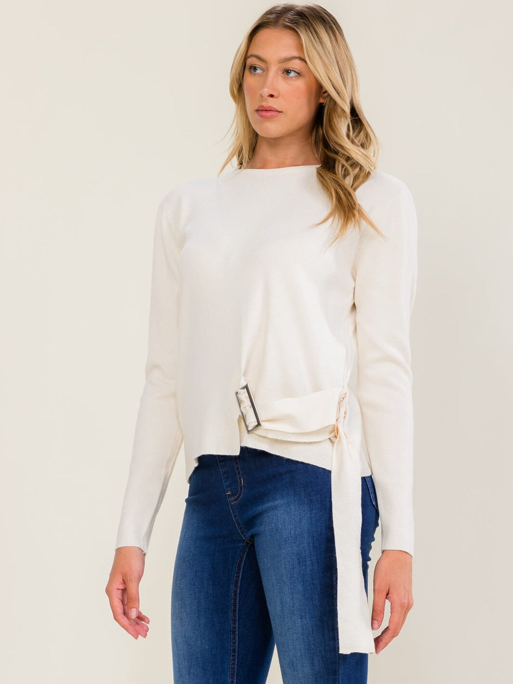 WOMEN'S LONG SLEEVE BUTTON FRONT BELT BLOUSE