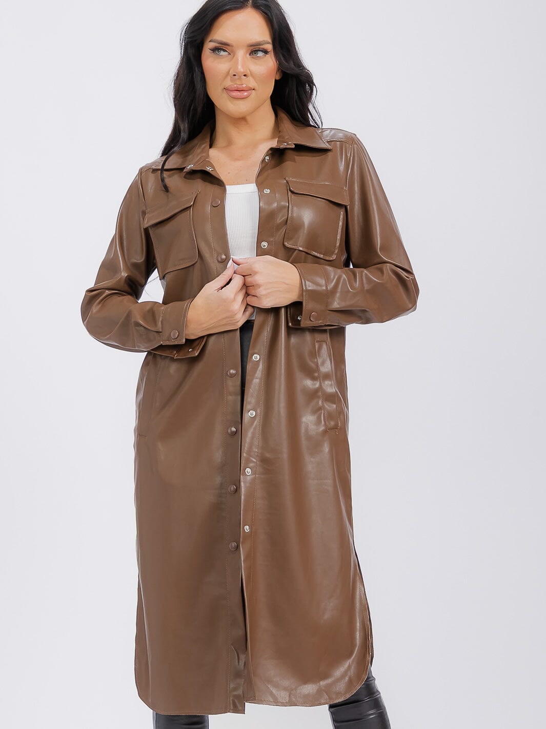 WOMEN'S LONG SLEEVE BUTTON CLOSURE FRONT POCKETS PU PLEATHER COAT
