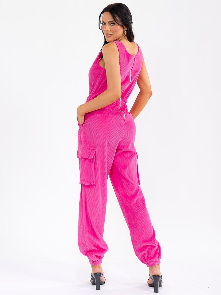 WOMEN'S SLEEVELESS ADJUSTABLE WAIST CARGO POCKETS JOGGER CORDUROY JUMPSUIT