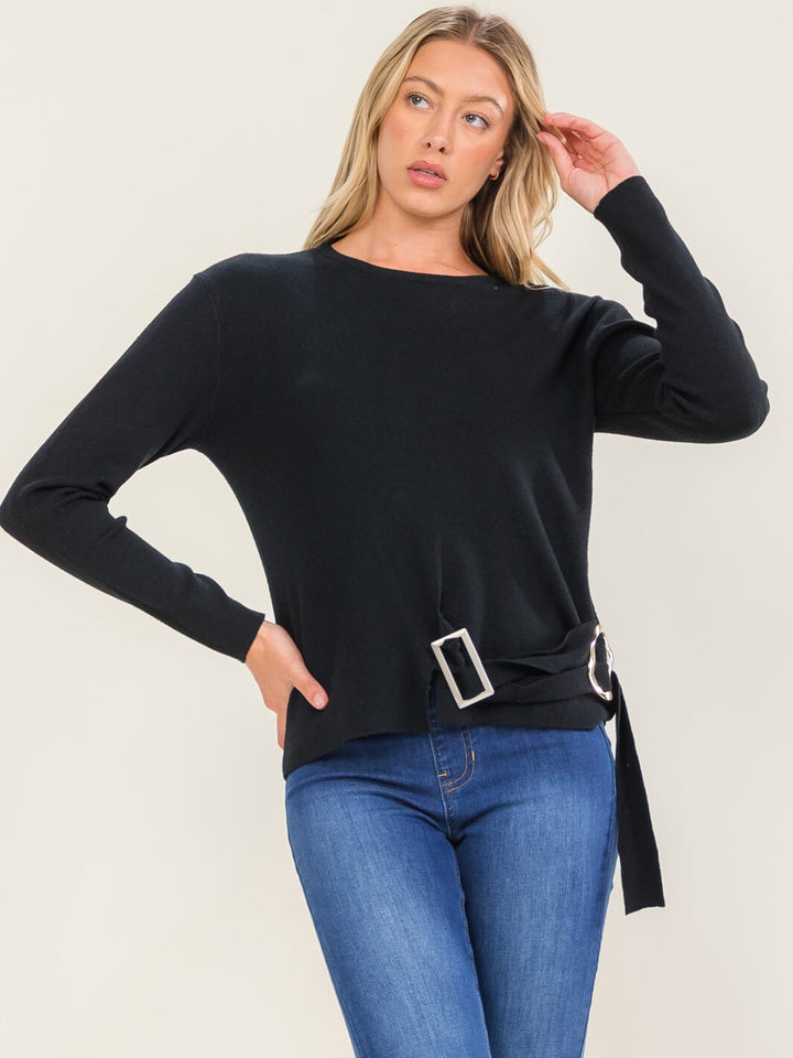 WOMEN'S LONG SLEEVE BUTTON FRONT BELT BLOUSE