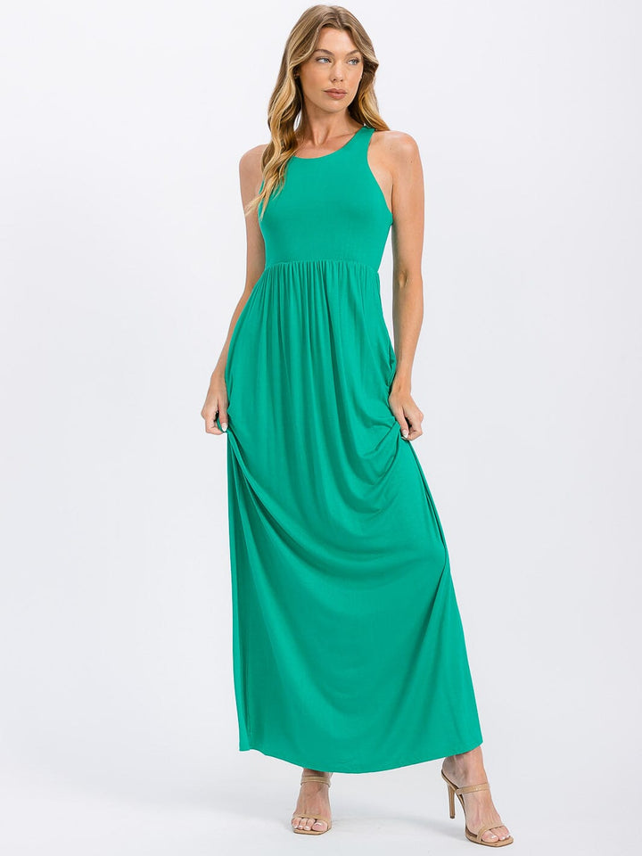 WOMEN'S SLEEVELESS ELASTIC WAIST FRONT POCKETS MAXI DRESS