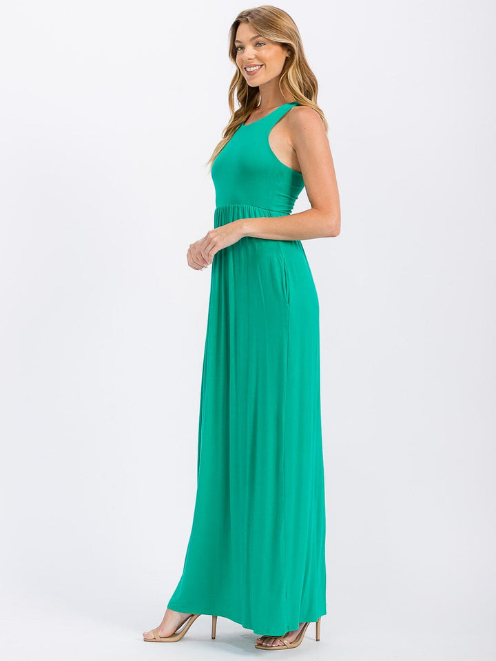 WOMEN'S SLEEVELESS ELASTIC WAIST FRONT POCKETS MAXI DRESS