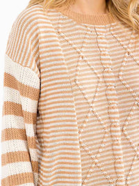 WOMEN'S LONG SLEEVE STRIPES COLORBLOCK PULLOVER SWEATER