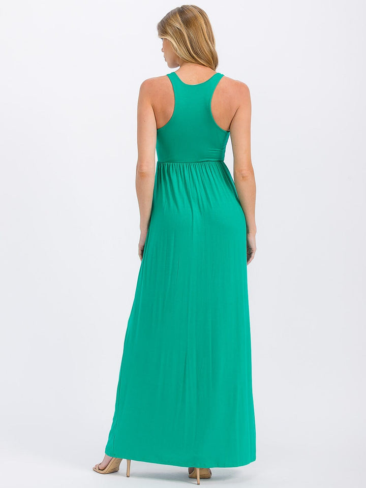 WOMEN'S SLEEVELESS ELASTIC WAIST FRONT POCKETS MAXI DRESS