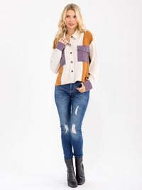 WOMEN'S LONG SLEEVE BUTTON UP FRONT POCKET COLORBLOCK CORDUROY TOP