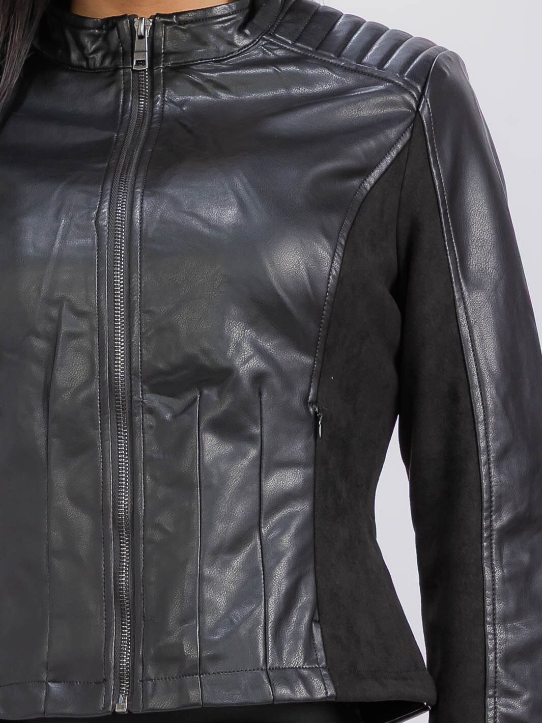 WOMEN'S LONG SLEEVE ZIPPER CLOSURE FRONT POCKETS PU PLEATHER VELVET JACKET