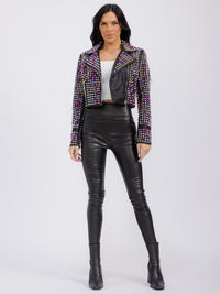 WOMEN'S LONG SLEEVE ZIPPER CLOSURE FRONT POCKETS PU PLEATHER MULTI STUDS JACKET