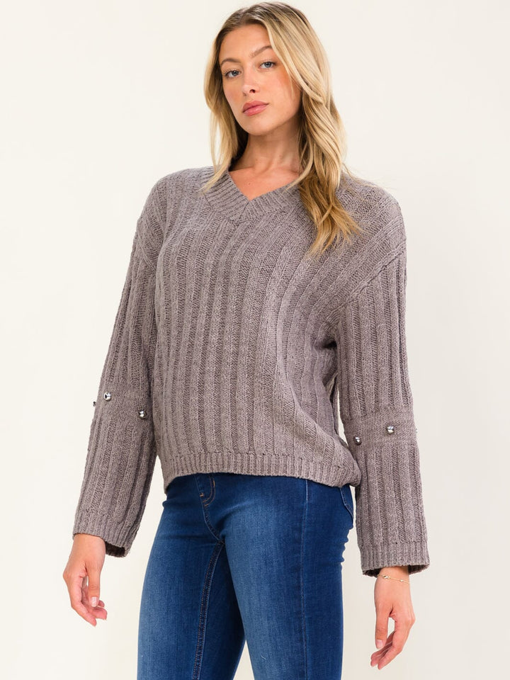 WOMEN'S LONG SLEEVE V-NECK RIBBED PULLOVER SWEATER