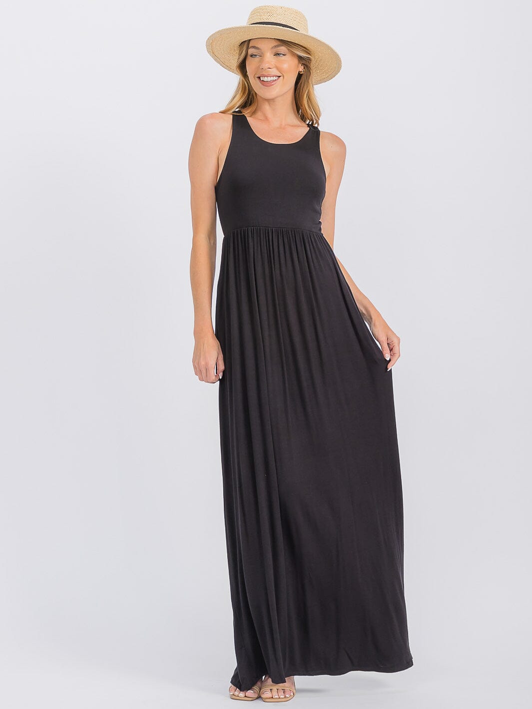 WOMEN'S SLEEVELESS ELASTIC WAIST FRONT POCKETS MAXI DRESS