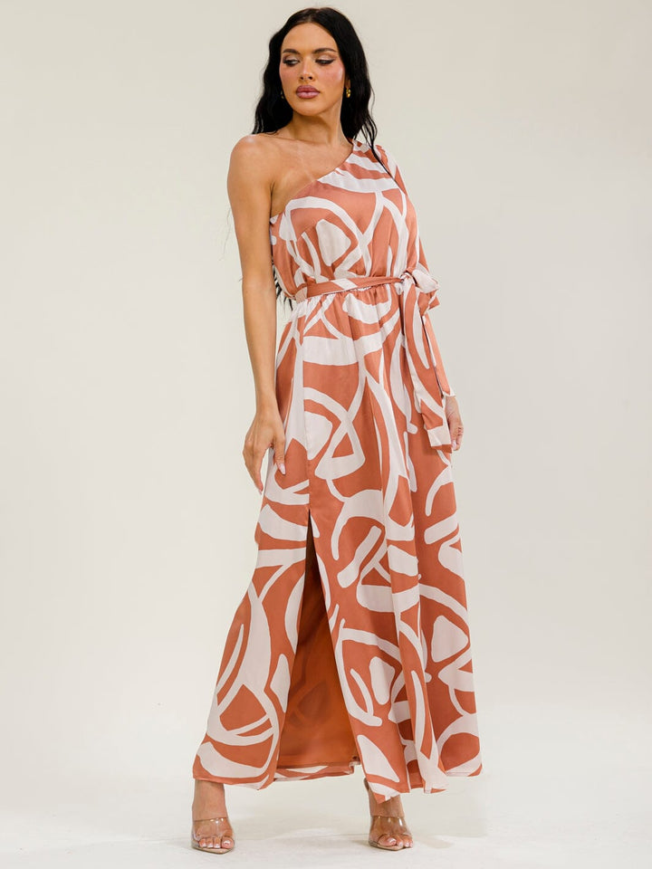 WOMEN'S ONE SHOULDER ELASTIC WAIST MULTI PRINT MAXI DRESS