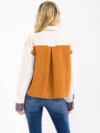WOMEN'S LONG SLEEVE BUTTON UP FRONT POCKET COLORBLOCK CORDUROY TOP