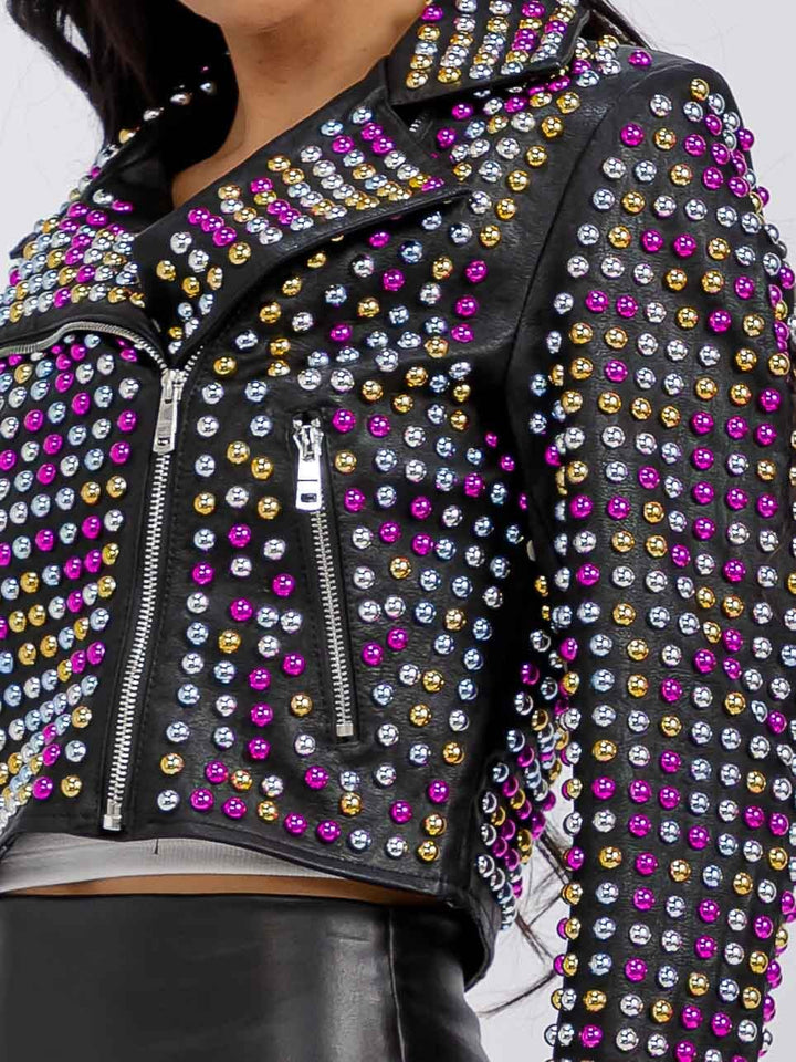 WOMEN'S LONG SLEEVE ZIPPER CLOSURE FRONT POCKETS PU PLEATHER MULTI STUDS JACKET