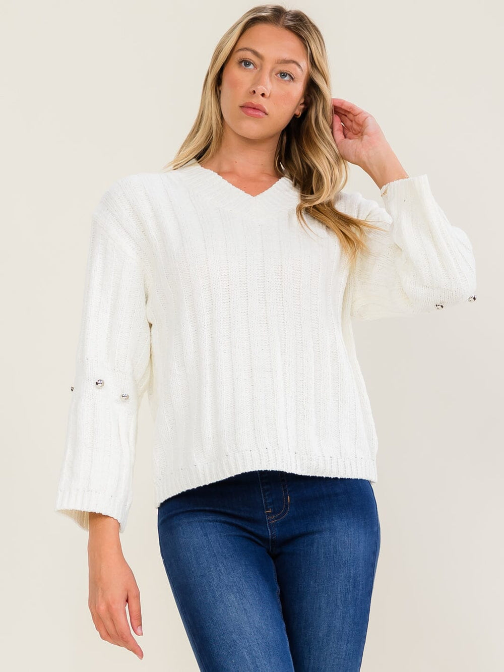 WOMEN'S LONG SLEEVE V-NECK RIBBED PULLOVER SWEATER