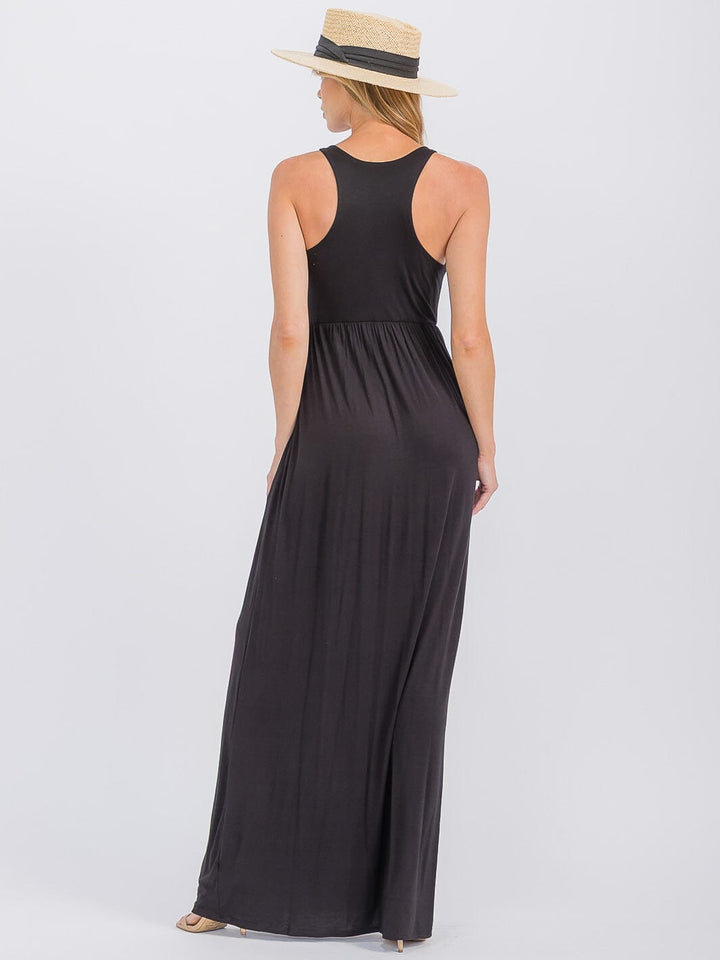 WOMEN'S SLEEVELESS ELASTIC WAIST FRONT POCKETS MAXI DRESS