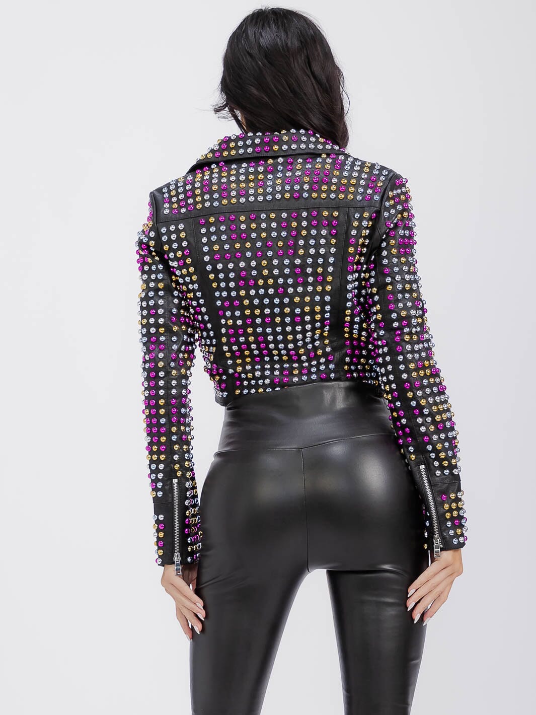 WOMEN'S LONG SLEEVE ZIPPER CLOSURE FRONT POCKETS PU PLEATHER MULTI STUDS JACKET